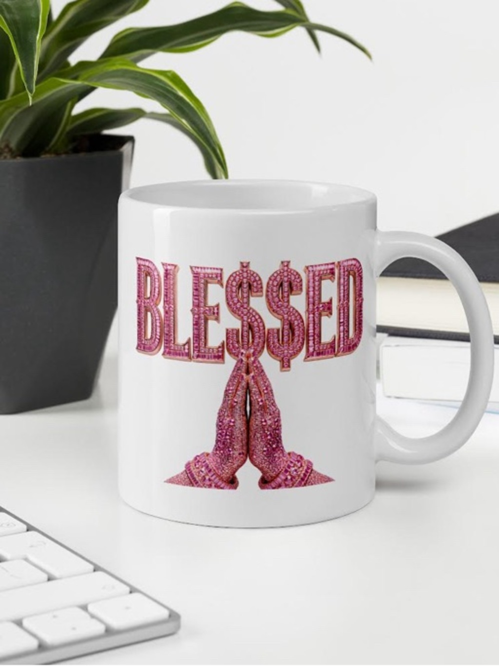 Black Mug with Pink "BLESSED" Design and Praying Hands - Picture 2 of 10